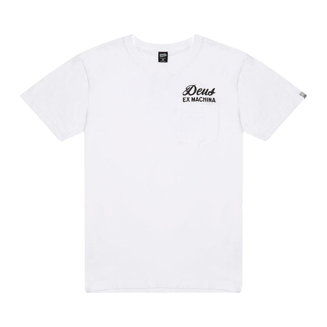 White regular fit pocket t-shirt with canggu address chest and back print, 190gm oe 100% cotton jersey fabrication and enzyme wash