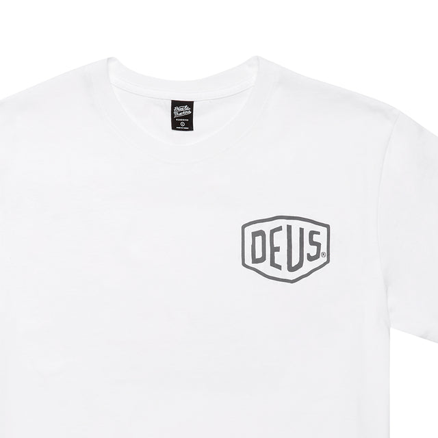 White regular fit t-shirt with chest art and address back print, 190gm oe 100% cotton jersey fabrication with a garment wash