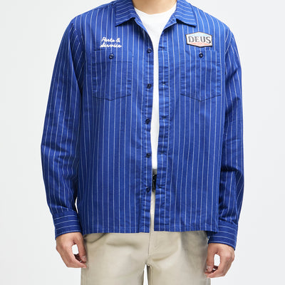 Forecourt Stripe Shirt - Mechanic Blue, view 1|Model