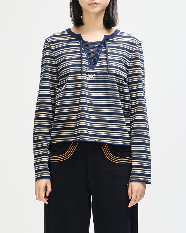 Stoppa Lace-Up Top - Navy Stripe, view 1
