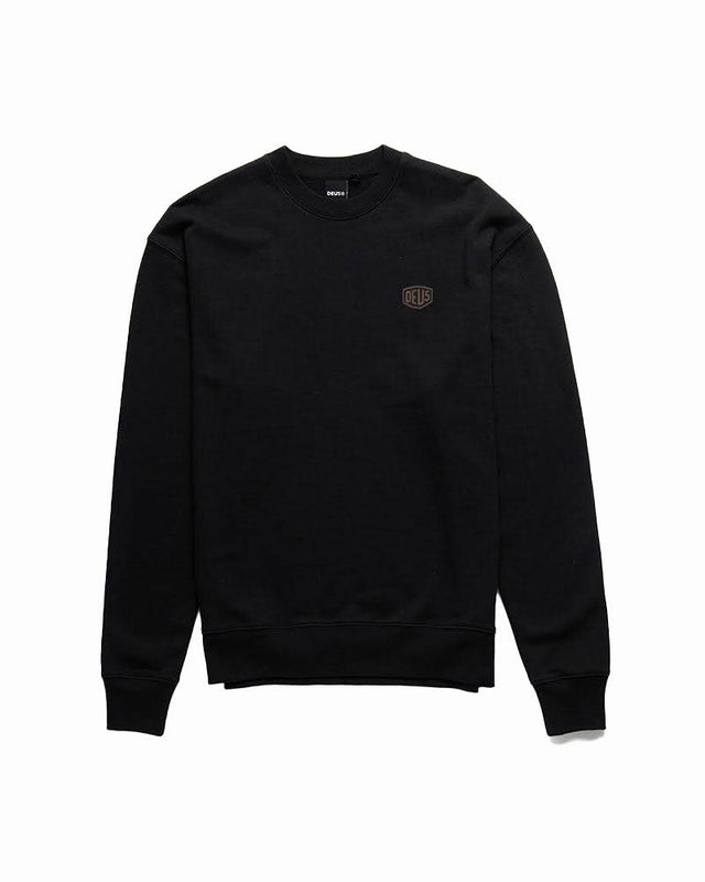 Black regular fit classic raglan crew with chest embroidered shield badge, 380gm oe 100% cotton brushed back fleece fabrication with a garment wash
