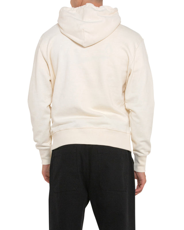 white box fit hoodie with front print, 100% organic cotton 450gm brushed back fleece fabrication, garment dyed with a heavy enzyme stone wash