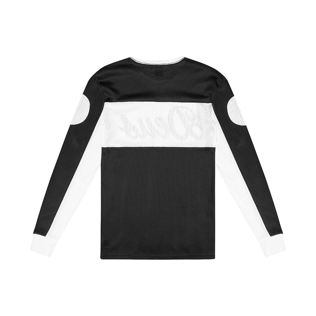Black regular fit multi panel l/s moto jersey with chest prints and badge detailing,  100% polyester mesh fabrication with a garment wash