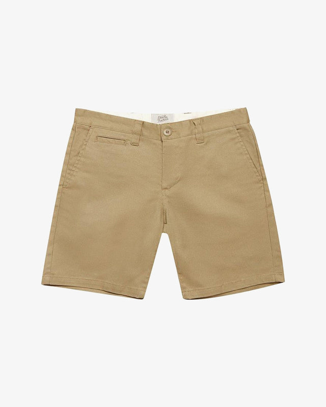 slim fit short with zip fly closure, back welt pockets, coin pocket detail, 63% poly 34% cotton 3% spandex twill fabrication with a garment wash