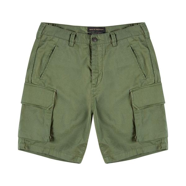 relaxed military cargo short with button fly closure, side cargo and back flap pockets, 100% raw cotton twill fabrication with heavy enzyme stone wash
