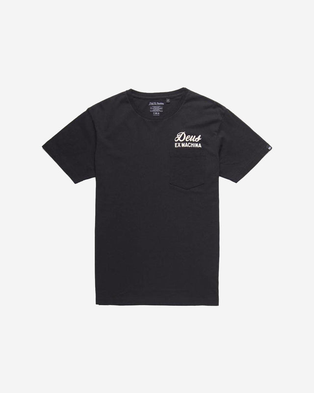 Black regular fit pocket t-shirt with chest art and address back print, 190gm oe 100% cotton jersey fabrication with a garment wash