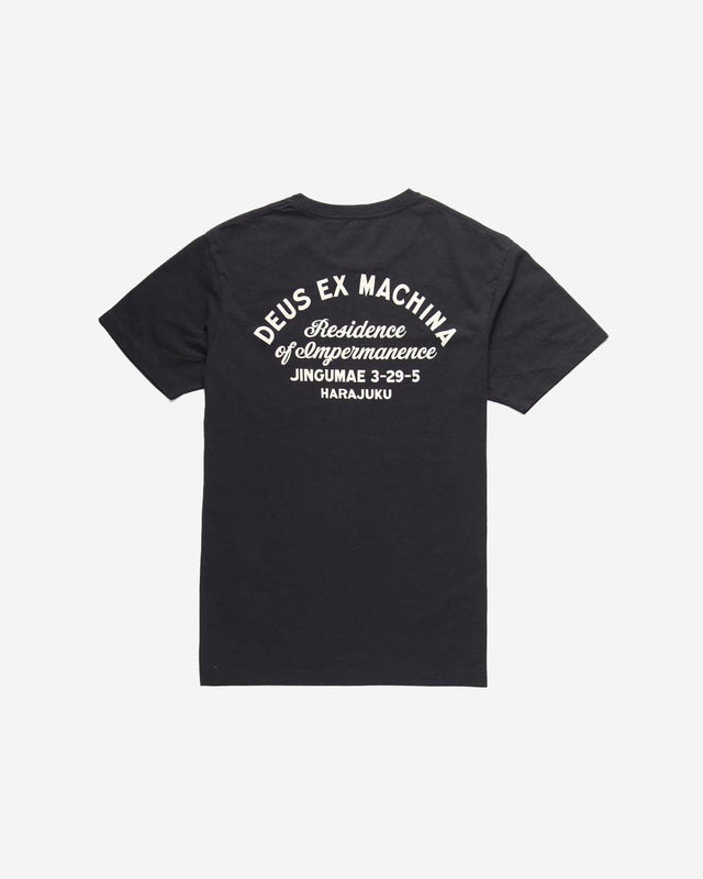 Black regular fit pocket t-shirt with chest art and address back print, 190gm oe 100% cotton jersey fabrication with a garment wash