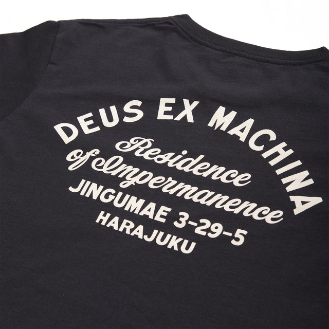 Black regular fit pocket t-shirt with chest art and address back print, 190gm oe 100% cotton jersey fabrication with a garment wash