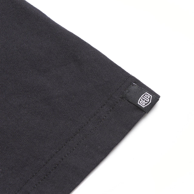 Black regular fit pocket t-shirt with chest art and address back print, 190gm oe 100% cotton jersey fabrication with a garment wash