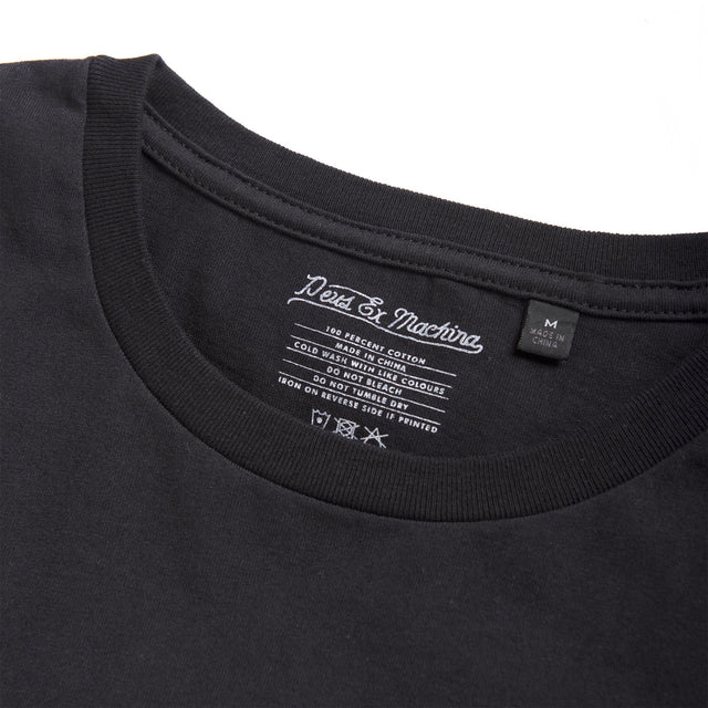 Black regular fit pocket t-shirt with chest art and address back print, 190gm oe 100% cotton jersey fabrication with a garment wash