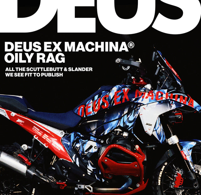 July oily rag magazine cover with a BMW GS motorcycle that has been heavily customised