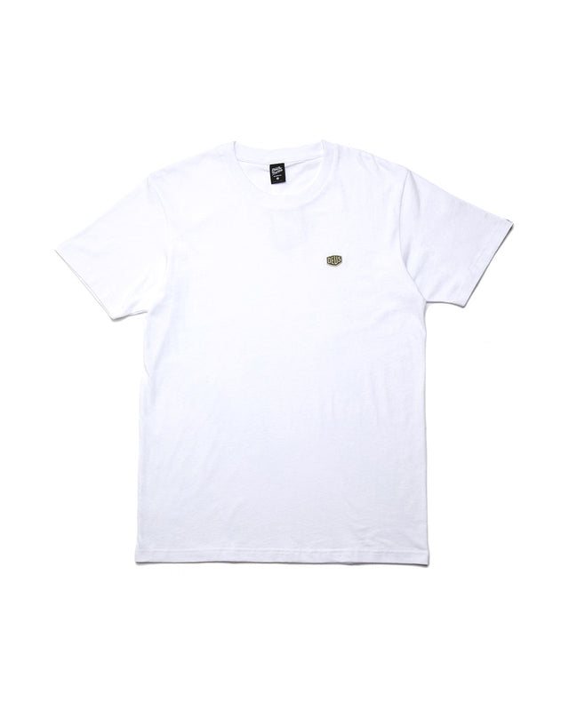 White regular fit t-shirt, with chest embroidered shield badge , 190gm oe 100% cotton jersey fabrication with a garment wash