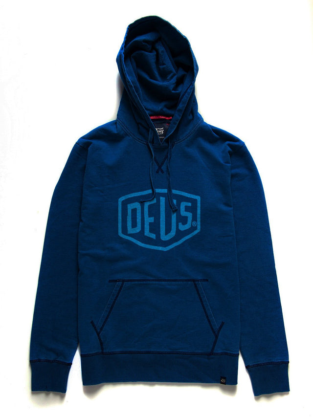 Indigo regular fit hoodie with front print, 320gm loopback indigo fleece fabrication with a enzyme and bleach wash
