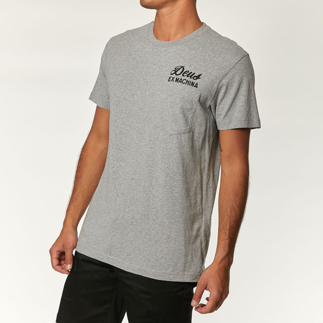 Grey regular fit pocket t-shirt with chest art and address back print, 190gm oe 100% cotton jersey fabrication with a garment wash