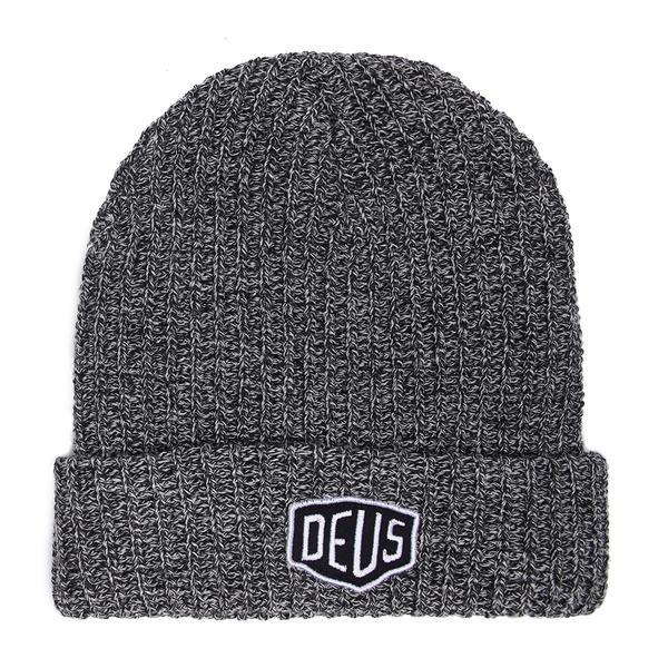 Grey classic beanie with embroidered brand patch, 50% acrylic 40% polyester melange fabrication with a garment wash