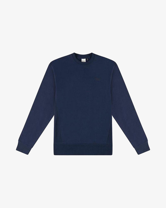 Navy relaxed fit crew with rib side panels, chest embroidery in 380gm oe yarn brushed back fleece fabrication with heavy enzyme wash.