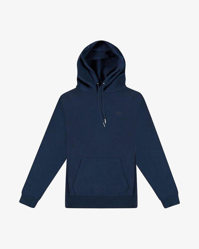 Navy relaxed fit hoodie with  ribbed side panels, chest logo embroidery, drawcord, 380gm oe yarn brushed back fleece fabrication with an enzyme wash