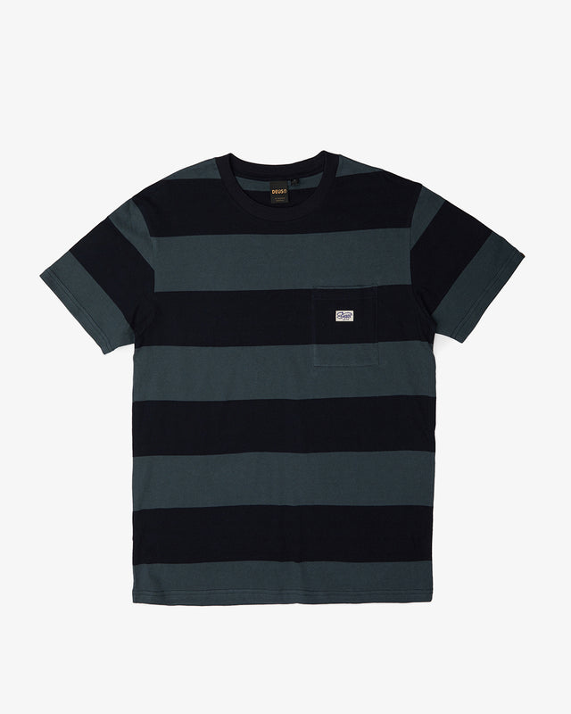 green regular fit pocket tee with branded pocket label, yarn dyed stripe, 100% recycled cotton 220gm jersey fabrication with a heavy enzyme stone wash