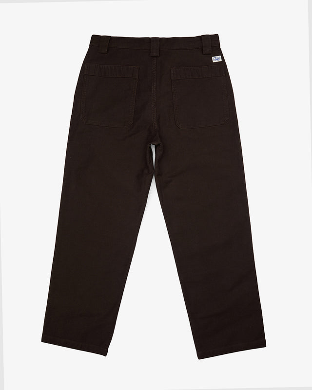 brown relaxed fit pant with branded label on back pocket, 100% heavy moleskin fabrication with a garment wash