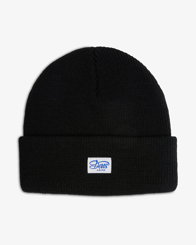 black deep fit black classic skull cap beanie with front branded label in 100% acrylic yarn plain knit