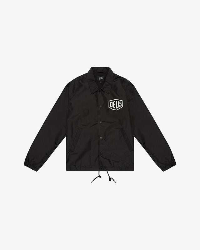 Black regular fit classic  coach jacket with chest and back address print, 100% nylon fabrication