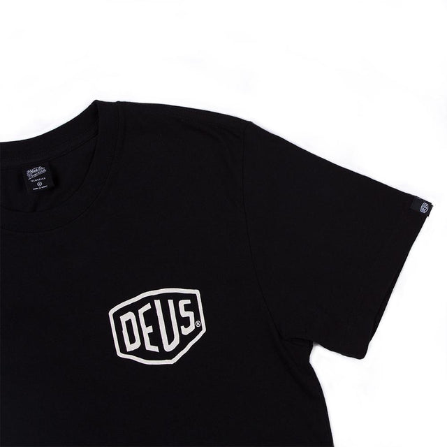 Black regular fit t-shirt with chest art and address back print, 190gm oe 100% cotton jersey fabrication with a garment wash