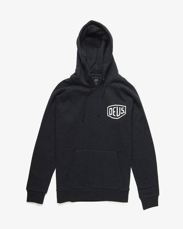 Black regular fit classic raglan hoodie with chest art and address back print, 380gm oe 100% cotton brushed back fleece fabrication with a garment wash