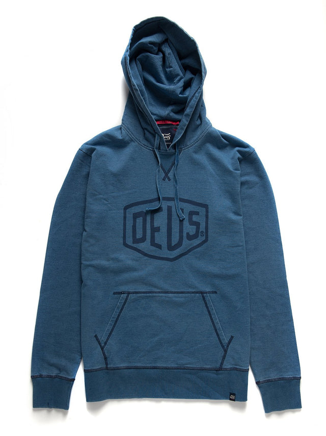 Indigo regular fit hoodie with front print, 320gm loopback indigo fleece fabrication with a enzyme and bleach wash